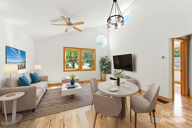 109 Azalea Ave, Swannanoa, NC 28778 - living room featuring light wood-style flooring, a ceiling fan, and high vaulted ceiling