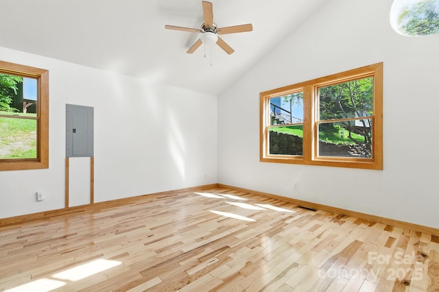 109 Azalea Ave, Swannanoa, NC 28778 - empty room featuring electric panel, wood finished floors, ceiling fan, and high vaulted ceiling
