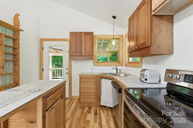 109 Azalea Ave, Swannanoa, NC 28778 - kitchen featuring appliances with stainless steel finishes, light wood-type flooring, hanging light fixtures, lofted ceiling, and brown cabinetry