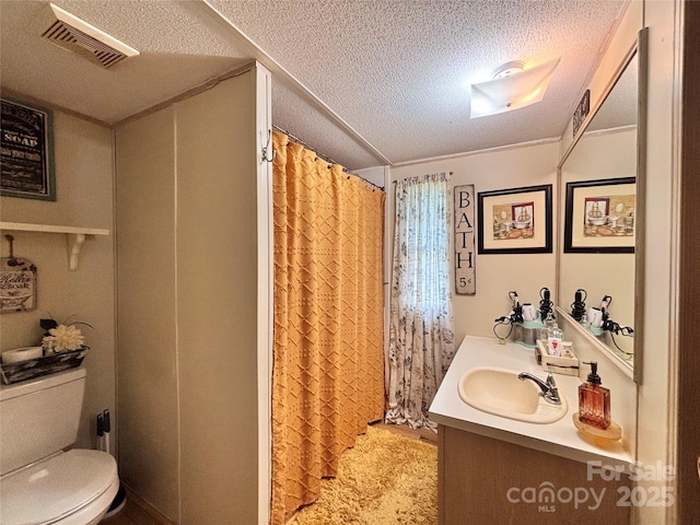 1890 Bud Tilley Rd, Pinnacle, NC 27043 - bathroom with a textured ceiling, vanity, and curtained shower