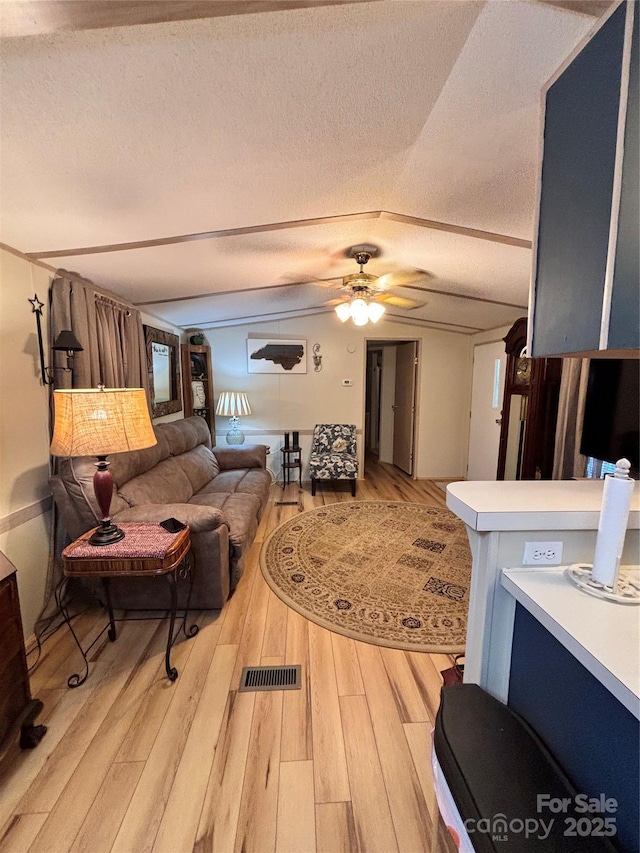 1890 Bud Tilley Rd, Pinnacle, NC 27043 - living area with light wood-style floors, a ceiling fan, vaulted ceiling, and a textured ceiling