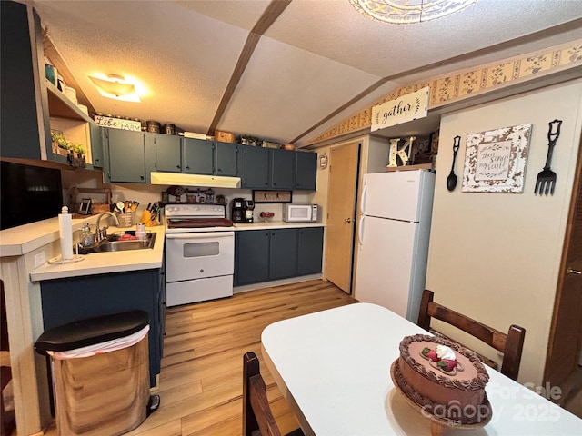 1890 Bud Tilley Rd, Pinnacle, NC 27043 - kitchen featuring white appliances, under cabinet range hood, light countertops, light wood-style flooring, and open shelves