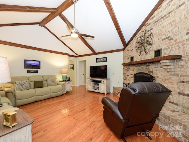 1047 Honeybee Trl, Fort Mill, SC 29715 - living room with high vaulted ceiling, beam ceiling, light wood-style floors, a ceiling fan, and a fireplace