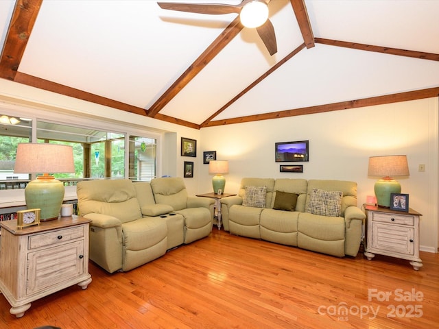 1047 Honeybee Trl, Fort Mill, SC 29715 - living area with light wood-style flooring, beamed ceiling, high vaulted ceiling, and a ceiling fan