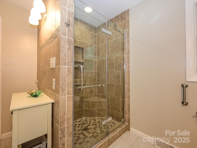 1047 Honeybee Trl, Fort Mill, SC 29715 - bathroom featuring a stall shower, tile patterned flooring, and recessed lighting