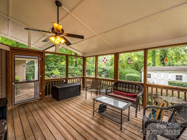 1047 Honeybee Trl, Fort Mill, SC 29715 - sunroom with ceiling fan, an outdoor living space, and lofted ceiling
