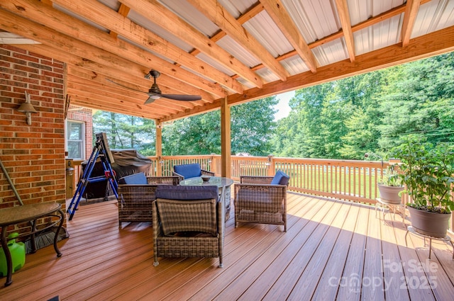 74 Challedon Dr, Candler, NC 28715 - wooden terrace featuring outdoor dining space and ceiling fan