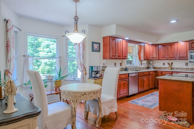 74 Challedon Dr, Candler, NC 28715 - kitchen with stainless steel appliances, a textured ceiling, light wood-style floors, healthy amount of natural light, and recessed lighting