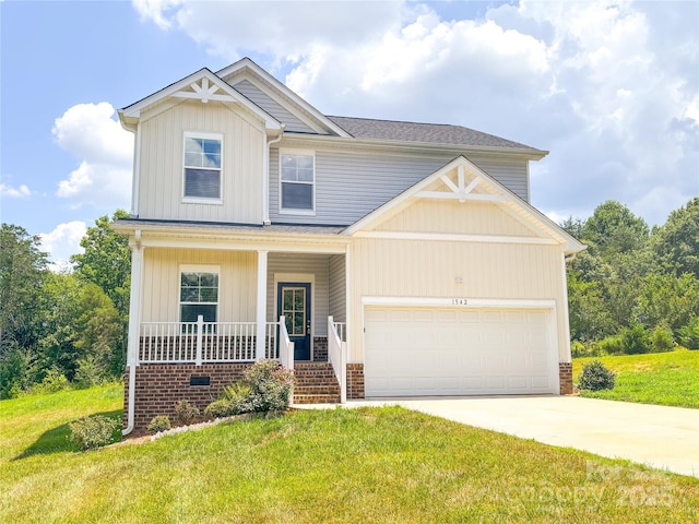 1542 Antioch Dr, Conover, NC 28613 - craftsman inspired home with a porch, driveway, a front yard, and an attached garage