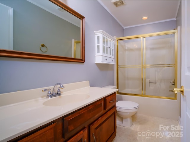 6620 Amos Smith Rd, Charlotte, NC 28214 - bathroom with vanity, shower / bath combination with glass door, and crown molding