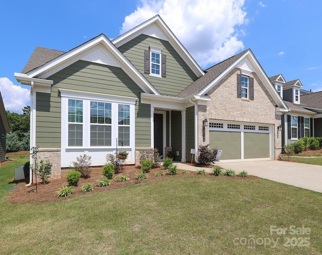 10240 Superb Ln, Charlotte, NC 28215 - craftsman-style house with concrete driveway, a front yard, brick siding, roof with shingles, and a garage