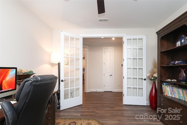 10240 Superb Ln, Charlotte, NC 28215 - home office with french doors, wood finished floors, a ceiling fan, and crown molding