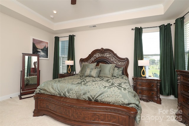 10240 Superb Ln, Charlotte, NC 28215 - carpeted bedroom featuring crown molding, a tray ceiling, and ceiling fan