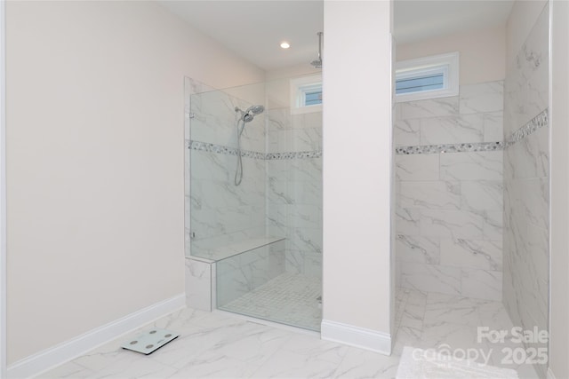 10240 Superb Ln, Charlotte, NC 28215 - full bath featuring a marble finish shower, marble look tiles, and recessed lighting