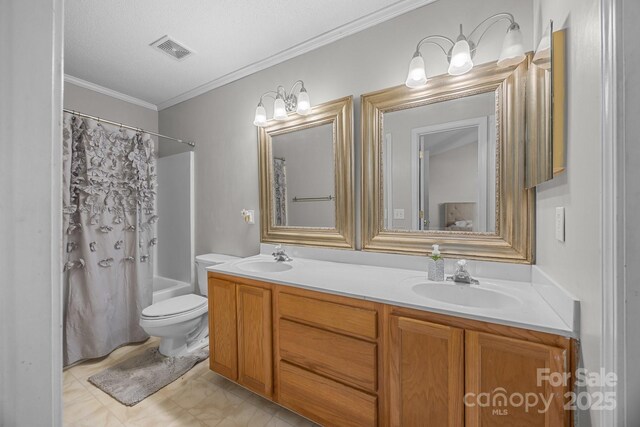 1778 Pergola Pl, Charlotte, NC 28213 - bathroom featuring double vanity, crown molding, and shower / bath combination with curtain