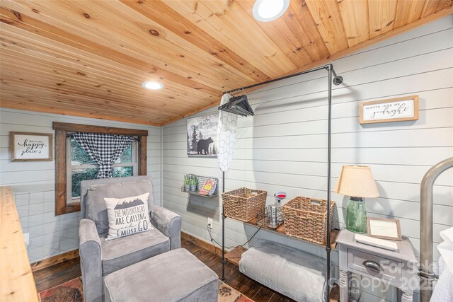 477 Locust Dr, Maggie Valley, NC 28751 - living area featuring wood ceiling, wood finished floors, wood walls, lofted ceiling, and recessed lighting