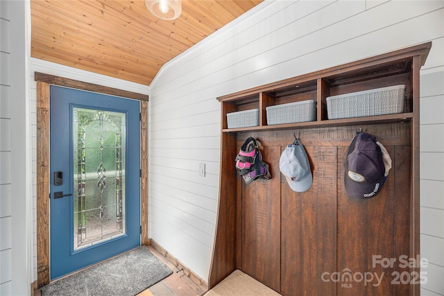 477 Locust Dr, Maggie Valley, NC 28751 - mudroom with wooden ceiling, wood finished floors, wood walls, and vaulted ceiling