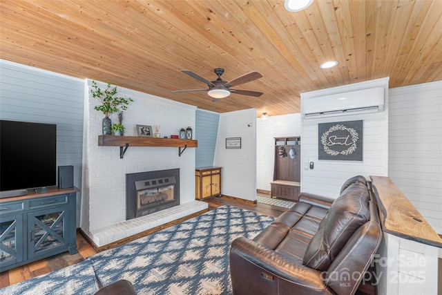 477 Locust Dr, Maggie Valley, NC 28751 - living area with wood ceiling, an AC wall unit, ceiling fan, wood walls, and wood finished floors