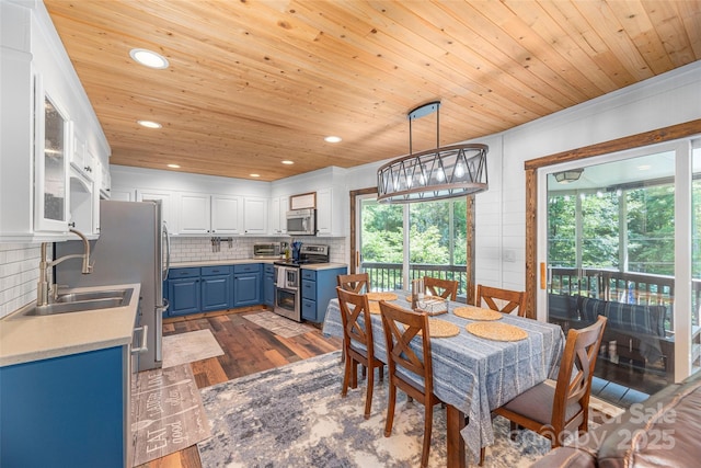 477 Locust Dr, Maggie Valley, NC 28751 - dining area featuring dark wood-type flooring, wooden ceiling, and recessed lighting