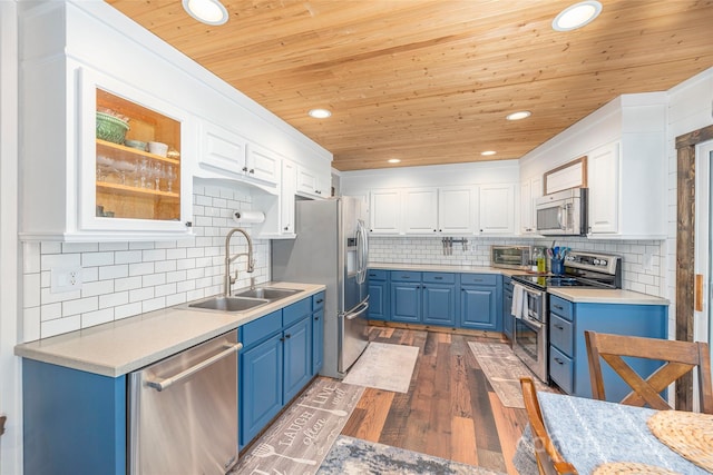 477 Locust Dr, Maggie Valley, NC 28751 - kitchen featuring blue cabinets, appliances with stainless steel finishes, wooden ceiling, white cabinetry, and light countertops