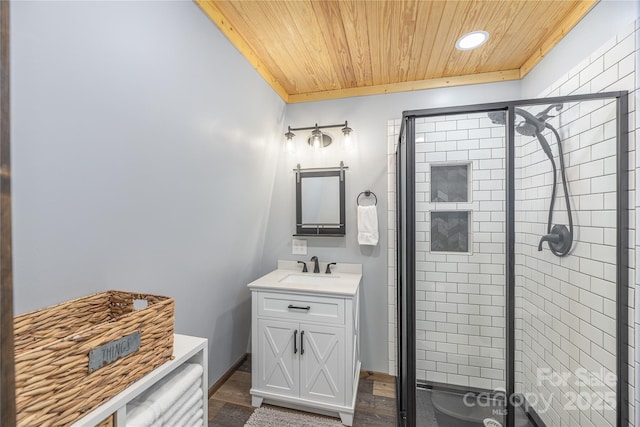 477 Locust Dr, Maggie Valley, NC 28751 - bathroom with wooden ceiling, vanity, recessed lighting, and a shower stall