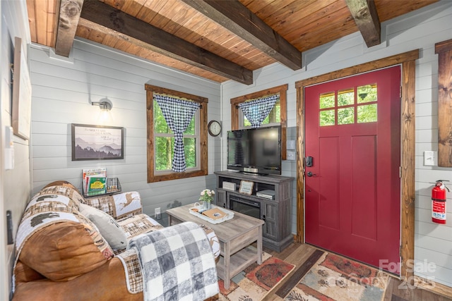 477 Locust Dr, Maggie Valley, NC 28751 - living room with a wood ceiling with exposed beams, wood finished floors, and wood walls