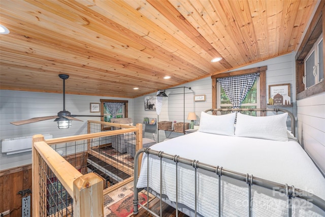 477 Locust Dr, Maggie Valley, NC 28751 - bedroom featuring wood ceiling, wooden walls, vaulted ceiling, wood finished floors, and recessed lighting