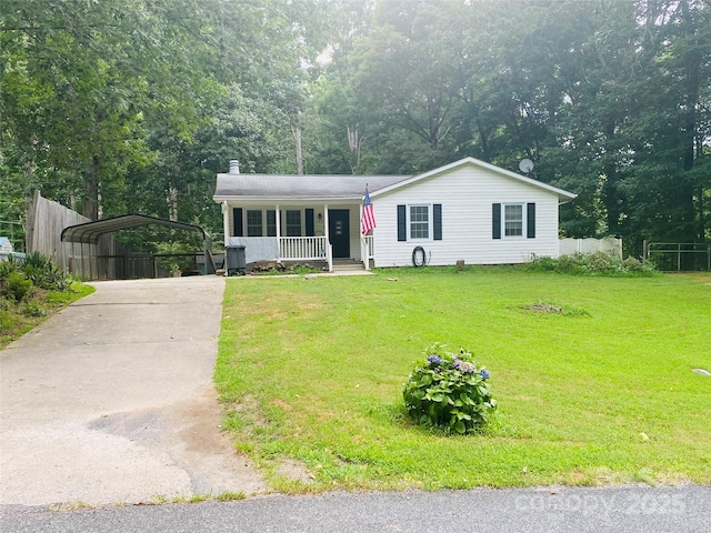 140 Hillside Dr, Salisbury, NC 28147 - view of front of house featuring a porch, concrete driveway, a carport, and a chimney