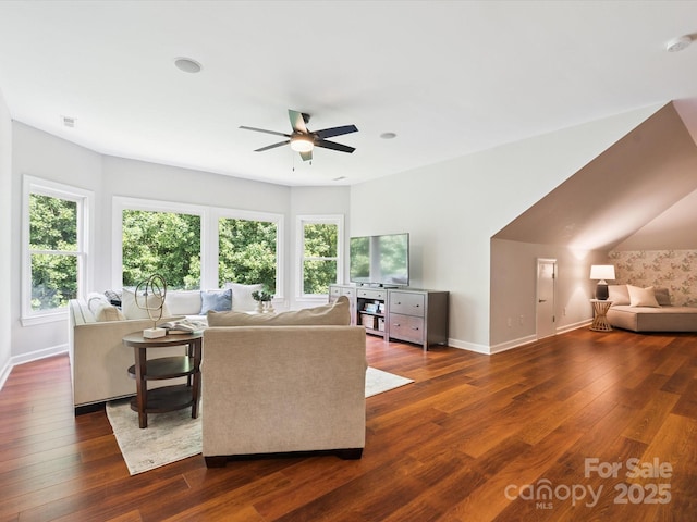 2103 Lytton Ln, Matthews, NC 28104 - living room featuring a ceiling fan, plenty of natural light, and dark wood finished floors