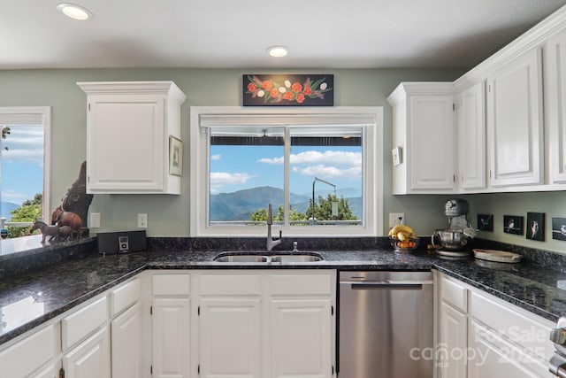 600 Summit Rdg Unit 34, Waynesville, NC 28786 - kitchen featuring dishwasher, white cabinets, recessed lighting, and dark stone countertops