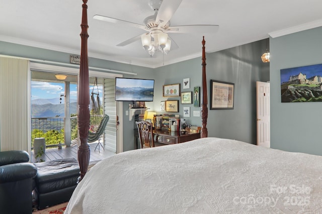 600 Summit Rdg Unit 34, Waynesville, NC 28786 - bedroom featuring access to exterior, crown molding, and ceiling fan