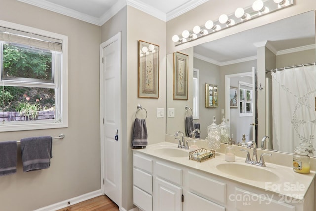 600 Summit Rdg Unit 34, Waynesville, NC 28786 - bathroom with double vanity, wood finished floors, and ornamental molding