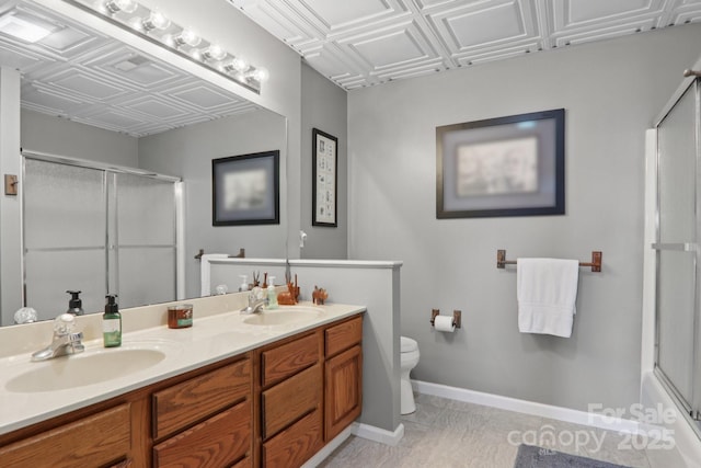 600 Summit Rdg Unit 34, Waynesville, NC 28786 - bathroom with an ornate ceiling, a shower with shower door, and double vanity