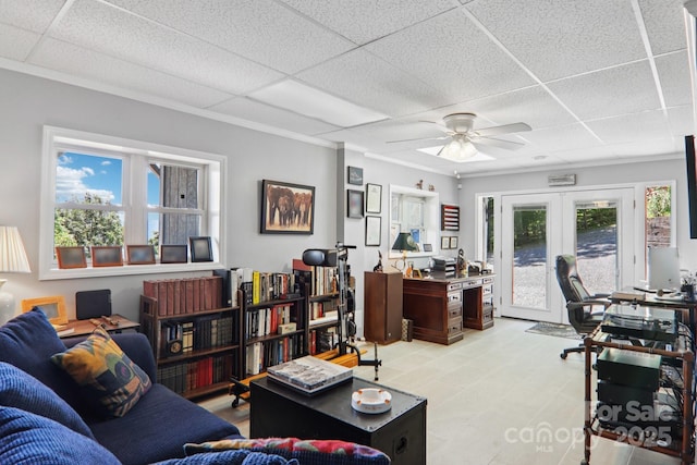 600 Summit Rdg Unit 34, Waynesville, NC 28786 - office with a paneled ceiling, french doors, a ceiling fan, and ornamental molding