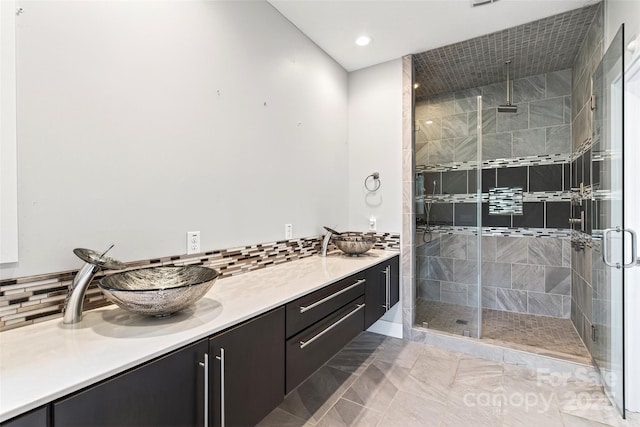4 Stars Forever Dr, Black Mountain, NC 28711 - bathroom with vanity, a shower stall, recessed lighting, and decorative backsplash