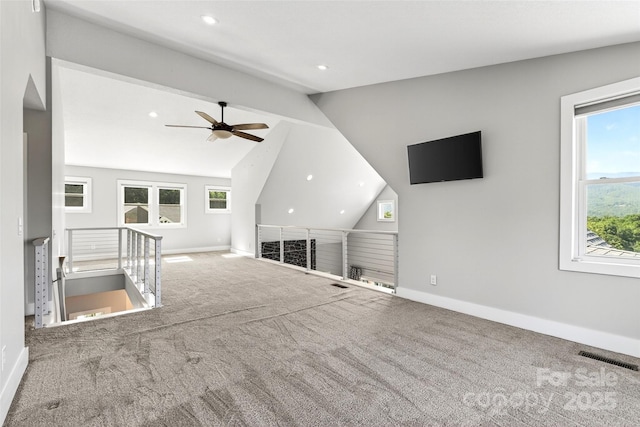 4 Stars Forever Dr, Black Mountain, NC 28711 - unfurnished living room with carpet floors, vaulted ceiling, plenty of natural light, recessed lighting, and ceiling fan