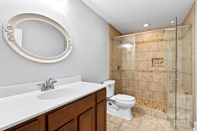 4 Stars Forever Dr, Black Mountain, NC 28711 - bathroom with vanity, a textured ceiling, a stall shower, tile patterned flooring, and recessed lighting
