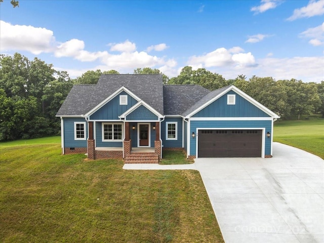 18 Morningside Dr, Granite Falls, NC 28630 - craftsman house with driveway, a front lawn, an attached garage, a shingled roof, and board and batten siding