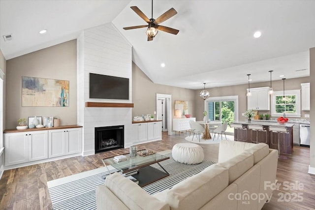 18 Morningside Dr, Granite Falls, NC 28630 - living room with a ceiling fan, light wood-type flooring, a fireplace, recessed lighting, and high vaulted ceiling