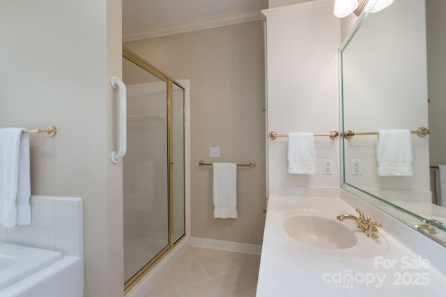 1503 Jack White Dr, Rock Hill, SC 29732 - full bathroom with a stall shower, tile patterned flooring, vanity, a bath, and crown molding