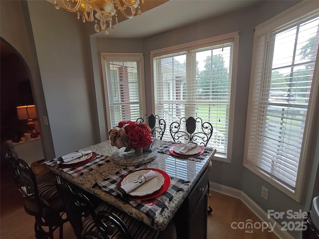 509 E Main St, Rockwell, NC 28138 - dining room featuring arched walkways, wood finished floors, a chandelier, and healthy amount of natural light