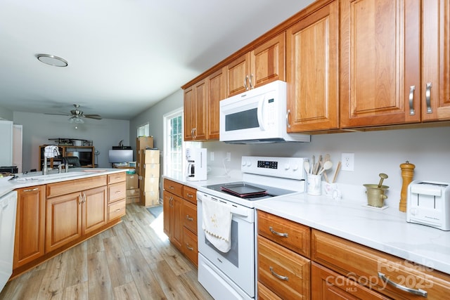 2949 Glenstone Dr, Rock Hill, SC 29730 - kitchen featuring white appliances, light wood finished floors, brown cabinets, a ceiling fan, and light countertops