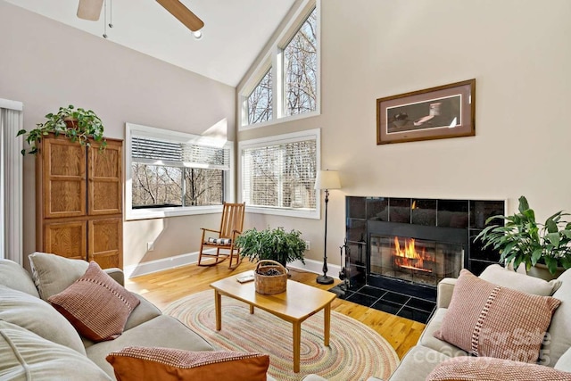 244 Timberlake Rd, Bostic, NC 28018 - living area featuring high vaulted ceiling, light wood finished floors, ceiling fan, and a fireplace