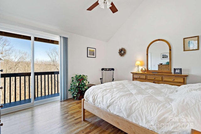 244 Timberlake Rd, Bostic, NC 28018 - bedroom with access to outside, wood finished floors, high vaulted ceiling, and ceiling fan