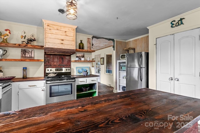 724 Teeter Rd, Mooresville, NC 28115 - kitchen with appliances with stainless steel finishes, open shelves, wood counters, ornamental molding, and range hood