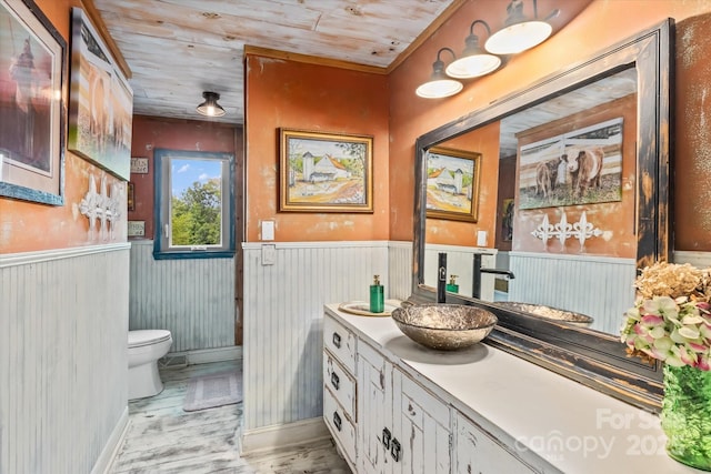 724 Teeter Rd, Mooresville, NC 28115 - bathroom featuring vanity, a wainscoted wall, and wood finished floors