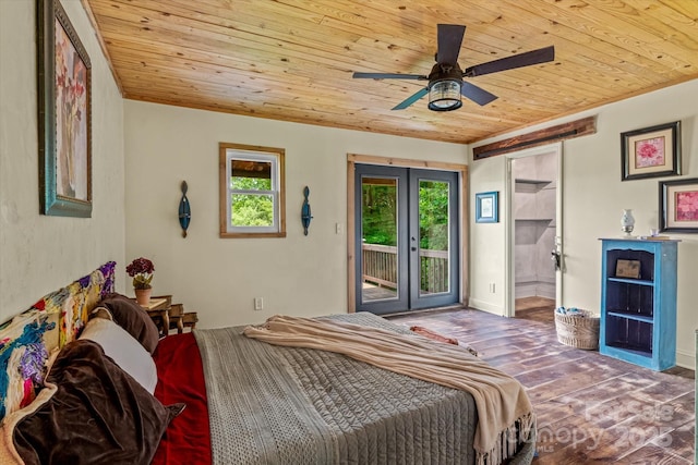 724 Teeter Rd, Mooresville, NC 28115 - bedroom featuring wood ceiling, access to outside, multiple windows, wood-type flooring, and a ceiling fan