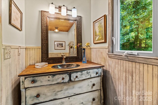 724 Teeter Rd, Mooresville, NC 28115 - bathroom with wainscoting, vanity, and wooden walls