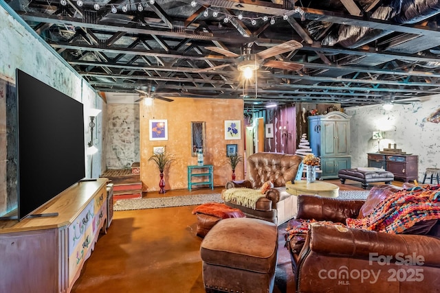724 Teeter Rd, Mooresville, NC 28115 - living room featuring concrete flooring and a ceiling fan