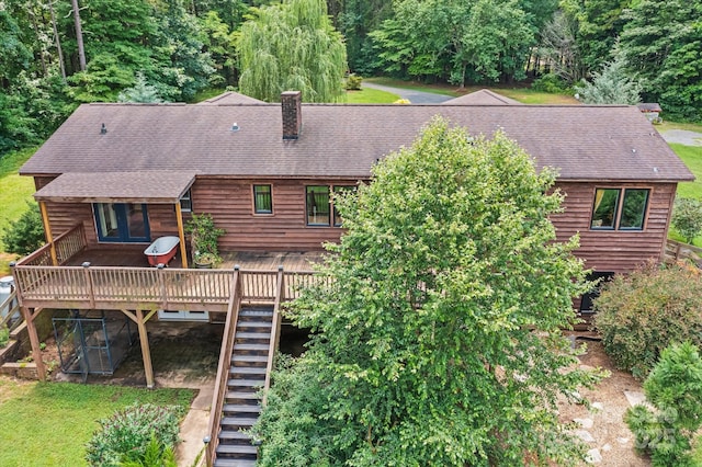 724 Teeter Rd, Mooresville, NC 28115 - rear view of property featuring stairs, a shingled roof, a deck, and a chimney